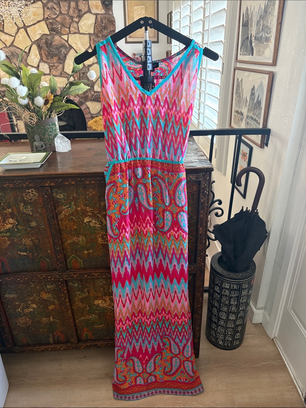 Tolani Full Length Pink Turquoise Paisley Chevron Maxi Dress S